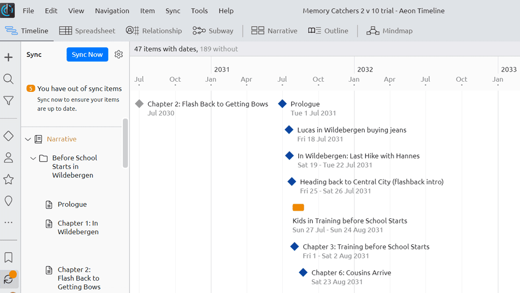Screen shot from a fiction project showing sync function with Scrivener. 