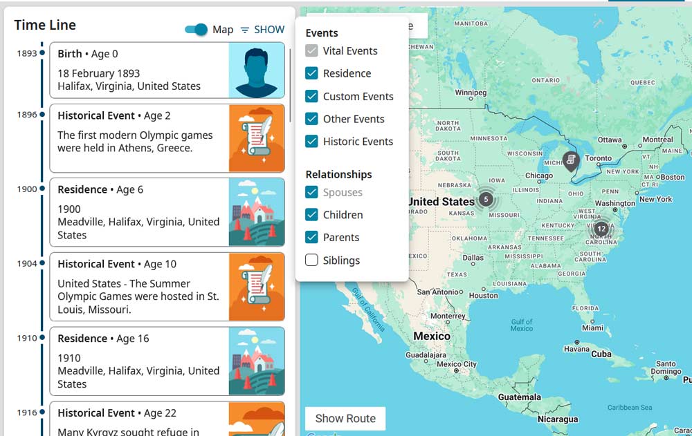 A screen shot with a timeline for an ancestor. 