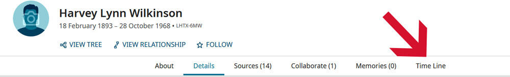 A screen shot from FamilySearch.org showing where the timeline option is with a red arrow