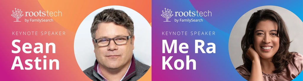 Something to know about rootstech2023 graphic with Newly announced Keynote Speakers with photos of Sean Austin and Me Ra Koh