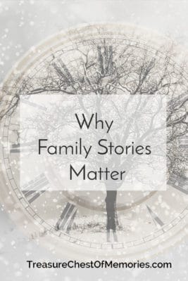 Why family stories matter pinnable graphic with clock and tree